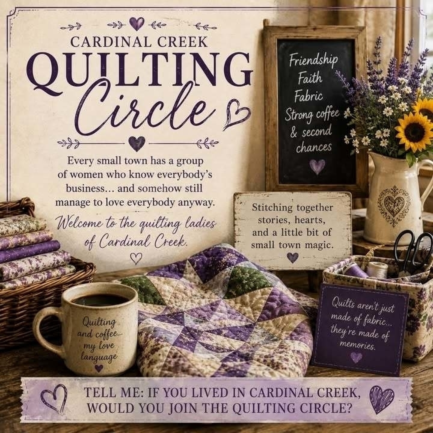 Every small town has a group of women who know everybody’s business… and somehow still manage to love everybody anyway. 😂

Cardinal Creek has the quilting ladies.

Tell me:
If you lived in Cardinal Creek, would you join the quilting circle?